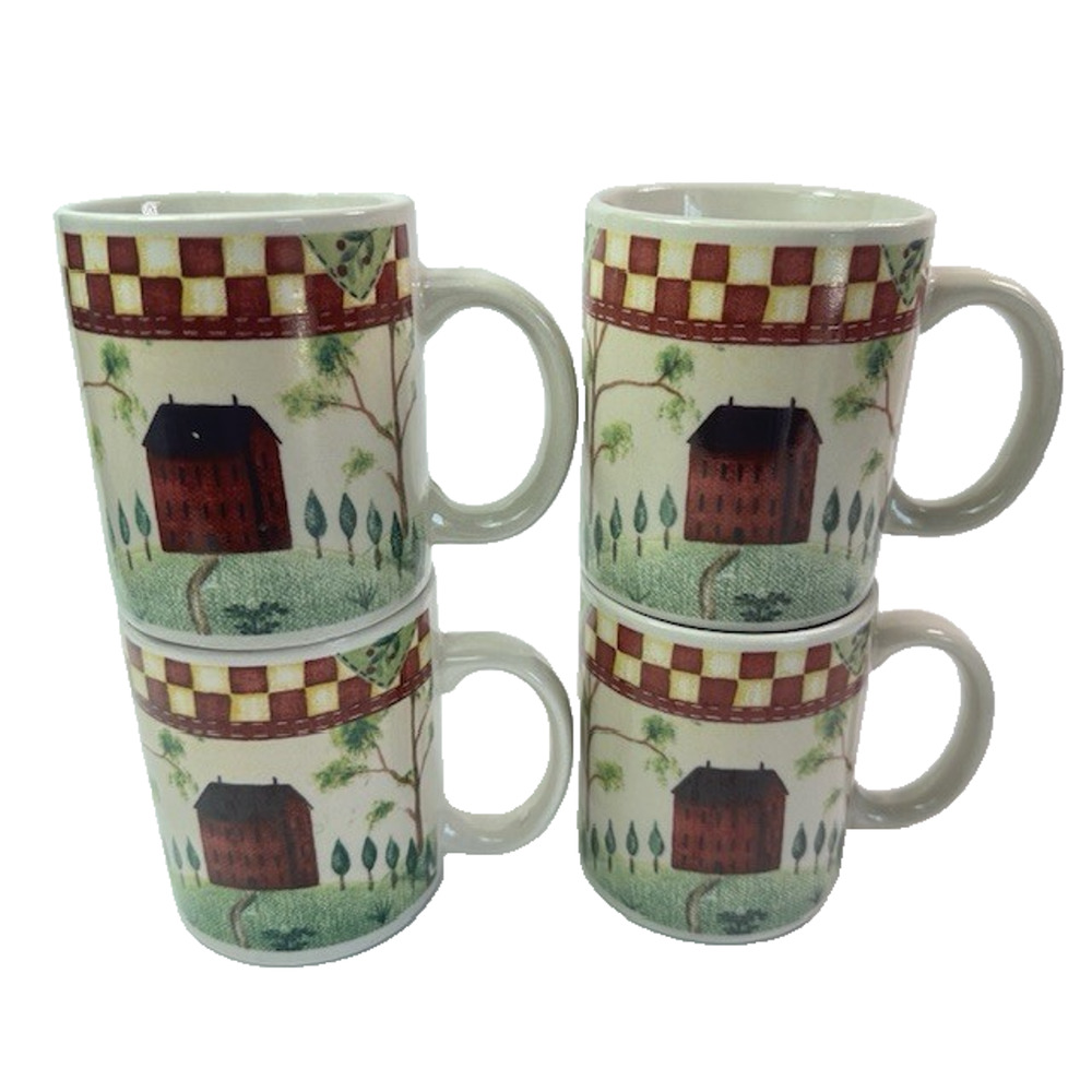 Thomson Pottery COUNTRY HOME Red White Check Farmhouse Tree Set 4 Mugs Cup 10oz